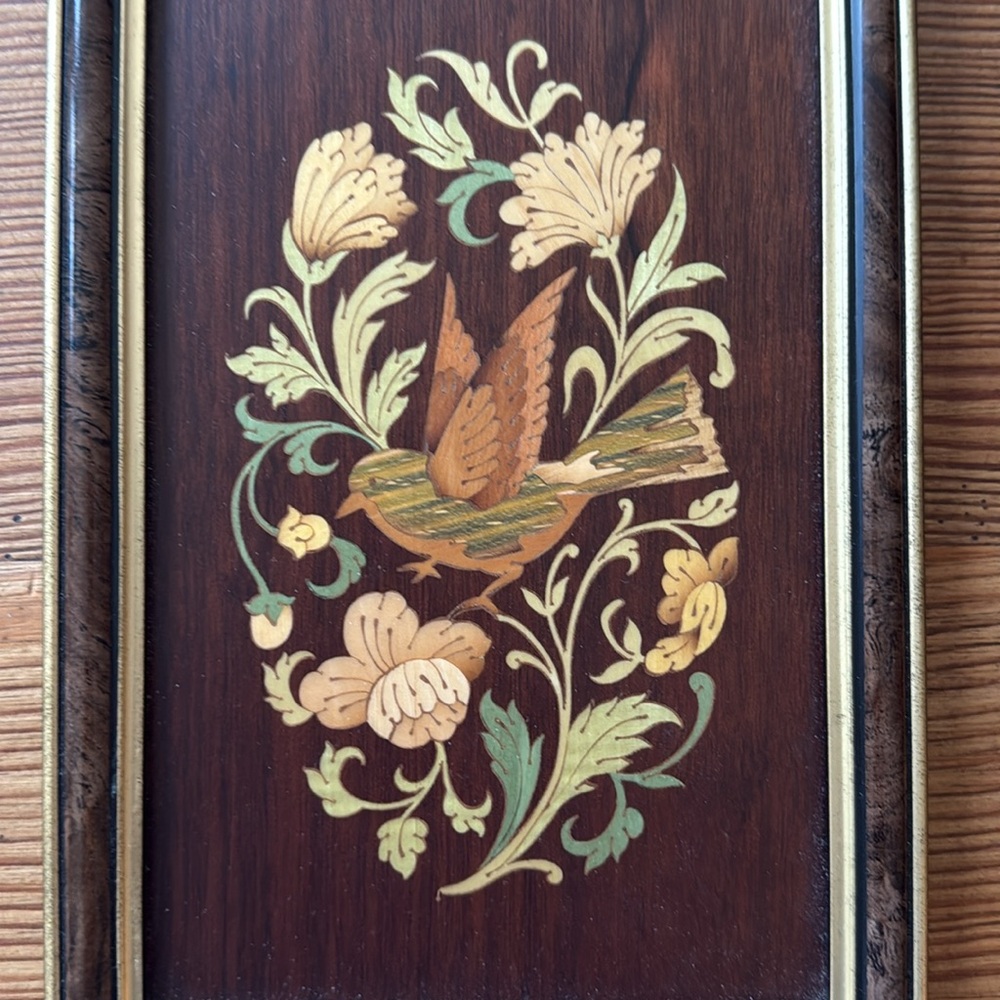 Italian Inlaid Wood Bird & Flowers Framed Picture